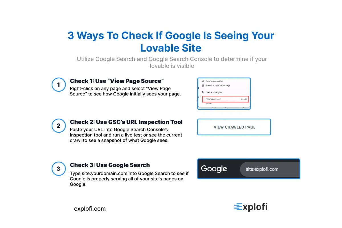Explofi’s infographic on 3 ways to check if Google is seeing your Lovable site