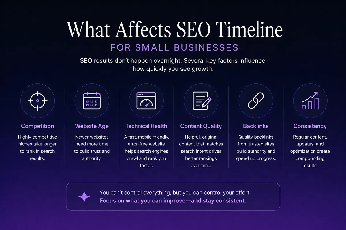 Infographic showing an SEO results timeline for small businesses across months 0–3, 3–6, and 6–12.