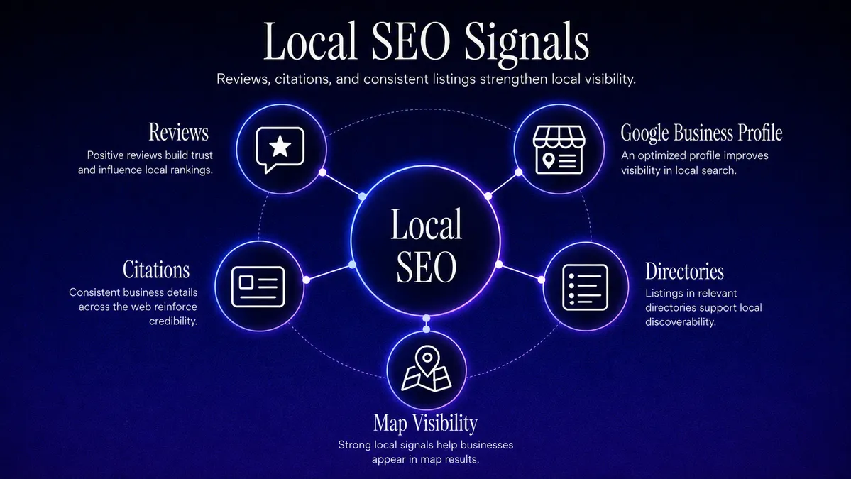 Infographic showing local SEO signals including reviews, Google Business Profile, citations, directories, and map visibility.