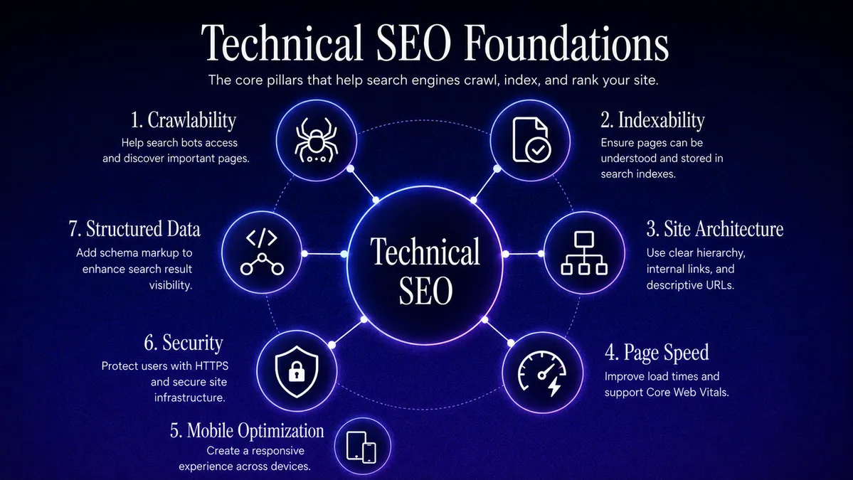 Infographic showing the core pillars of technical SEO including crawlability, indexability, site architecture, page speed, mobile optimization, security, and structured data.