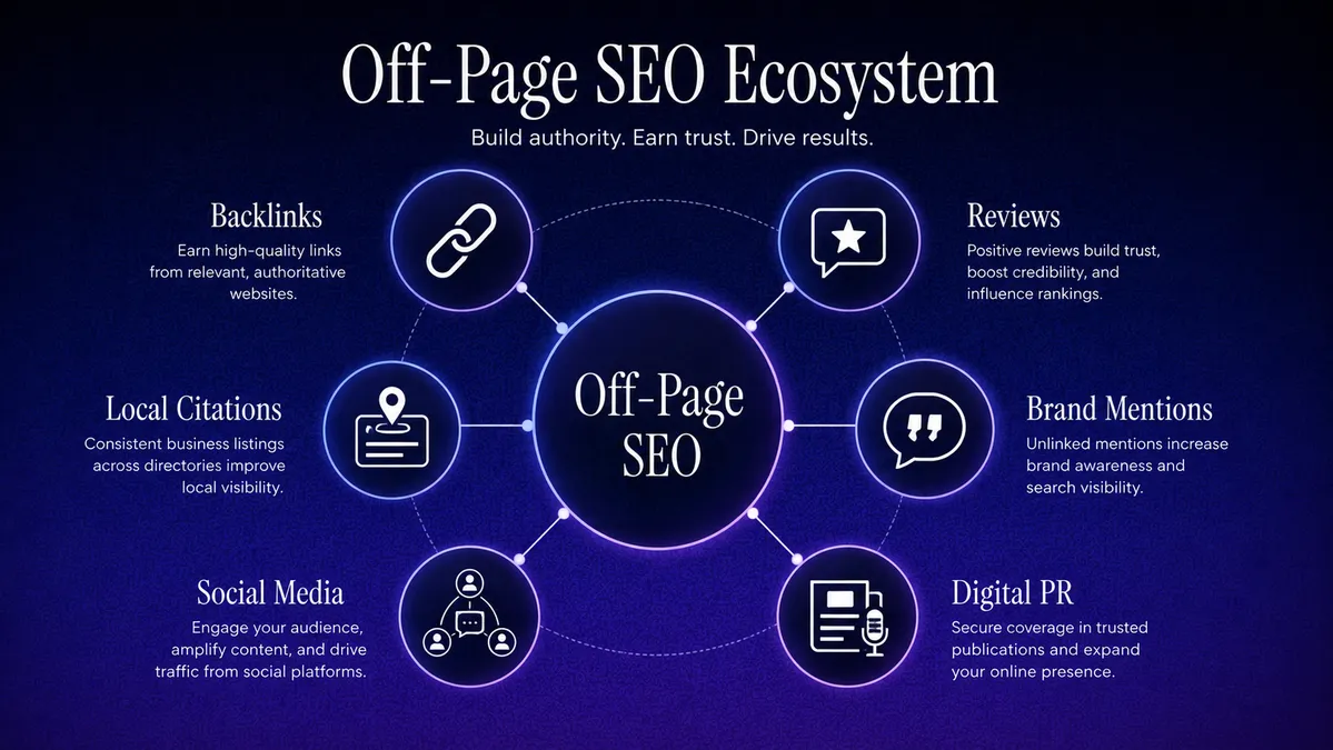 Infographic showing the off-page SEO ecosystem including backlinks, reviews, brand mentions, social media, local citations, and digital PR.