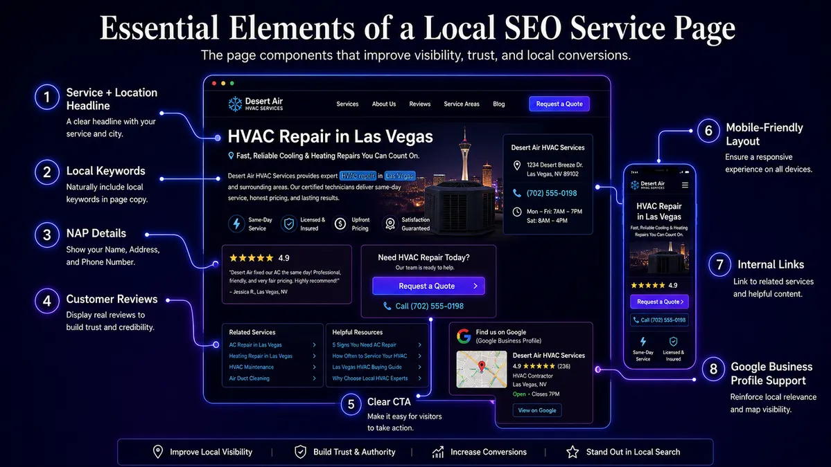 Local SEO service page elements infographic