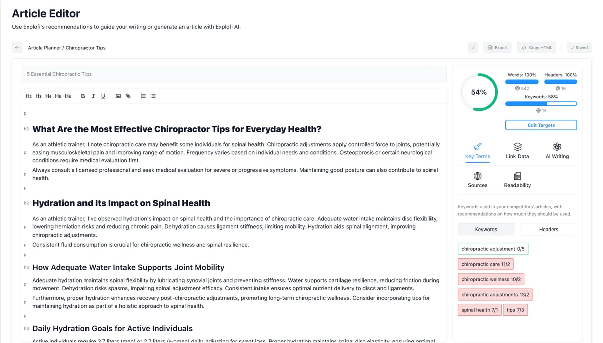 Screenshot of Explofi’s Article Editor showing a chiropractic tips article draft in progress